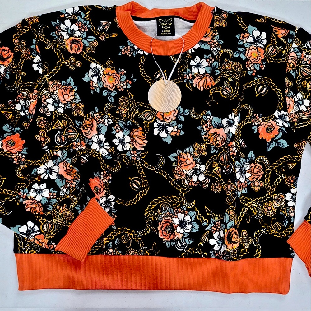 NEW! Laila Ali Women’s Floral Long Sleeve Floral Sweatshirt Pullover Black/Coral - Picture 10 of 13